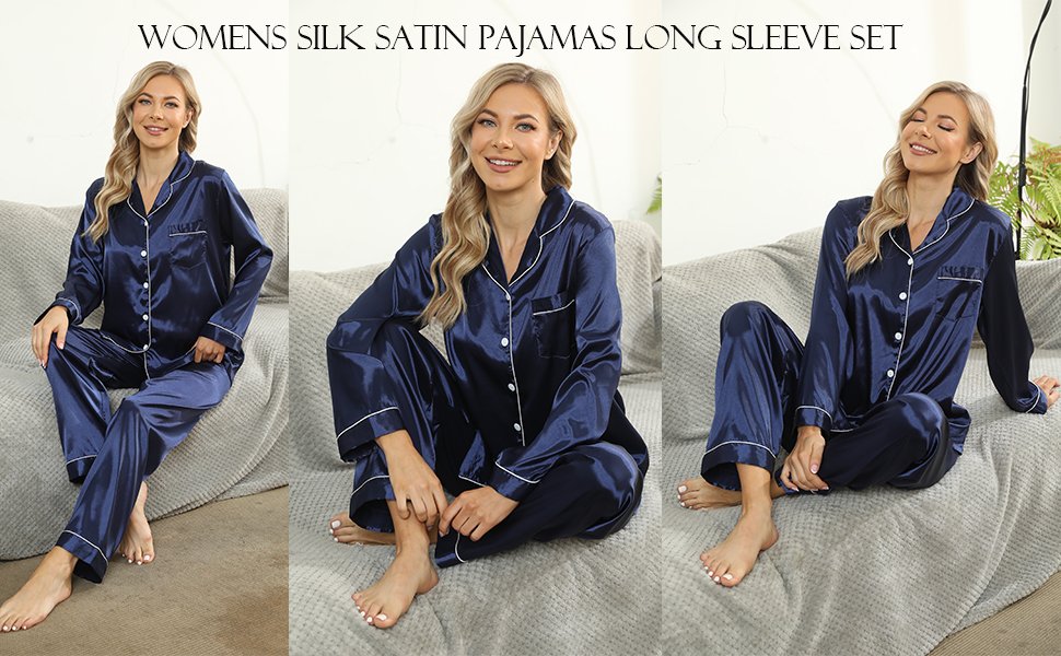 Women's Silk Satin Pajamas Homewear Two-Piece Sleepwear Button-Up Pajama Set