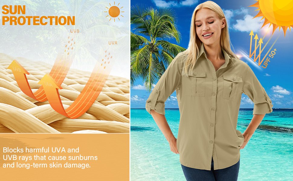 Women's Long Sleeve Shirt UPF 50+ UV Sun Protection Hunting Shirt, Cool and Quick Dry Fishing Hiking