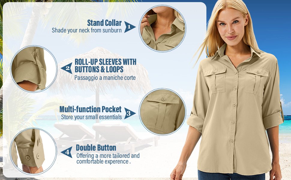 Women's Long Sleeve Shirt UPF 50+ UV Sun Protection Hunting Shirt, Cool and Quick Dry Fishing Hiking