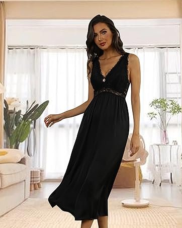 Nightgown Women's Nightgown Long V Neck Nightdress Lace Sleeveless Women's Nightdress Elegant