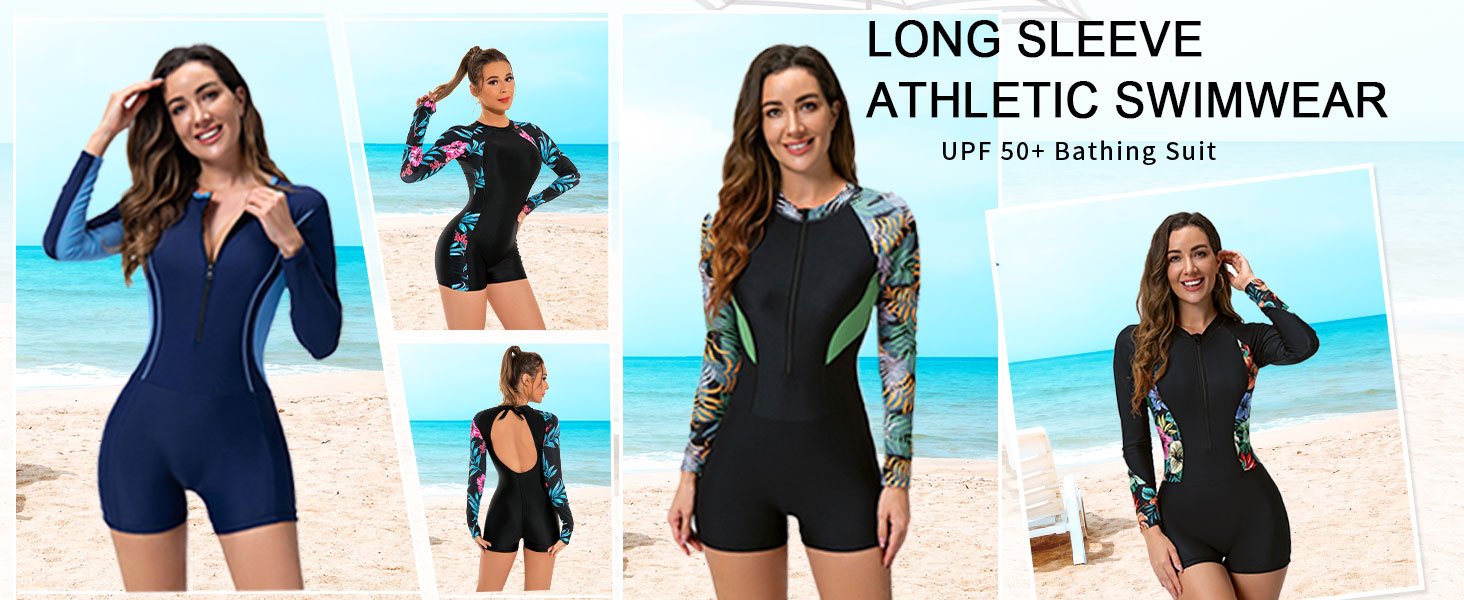 Women's Sun Protection Swimsuit Boys' Long Sleeve One-Piece Swimsuit UPF 50 Zipper Sports Swimsuit