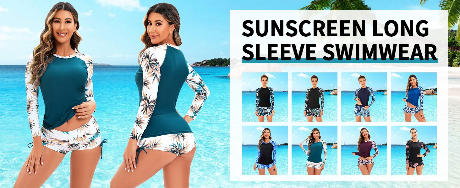 Women's two-piece sun protection suit long sleeve swimsuit UPF 50+ swimsuit swim trunks with boxer briefs