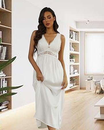 Nightgown Women's Nightgown Long V Neck Nightdress Lace Sleeveless Women's Nightdress Elegant