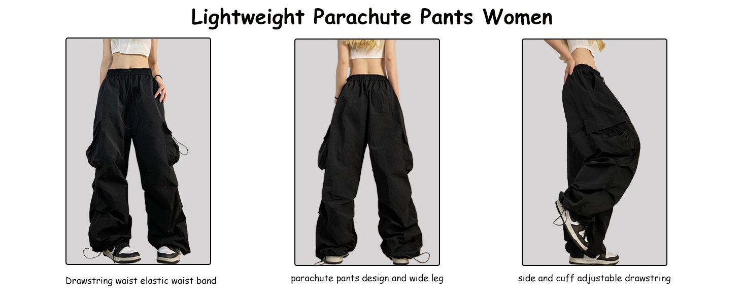 Casual loose fit women's parachute pants design.