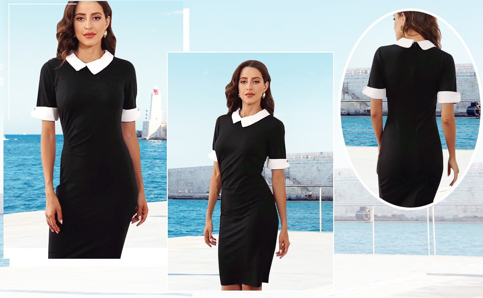 Sakaly Ladies Lapel Black Work Dress Ladies Office Summer Dress